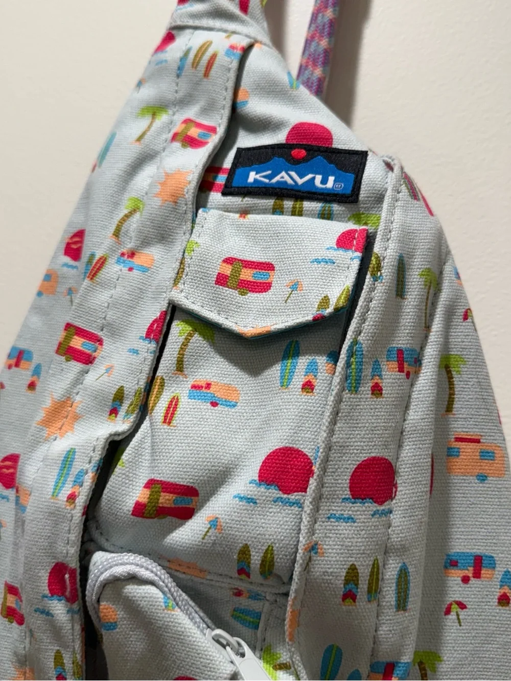 Kavu Sling Bag in Light Gray with Pink and Teal Camper Print